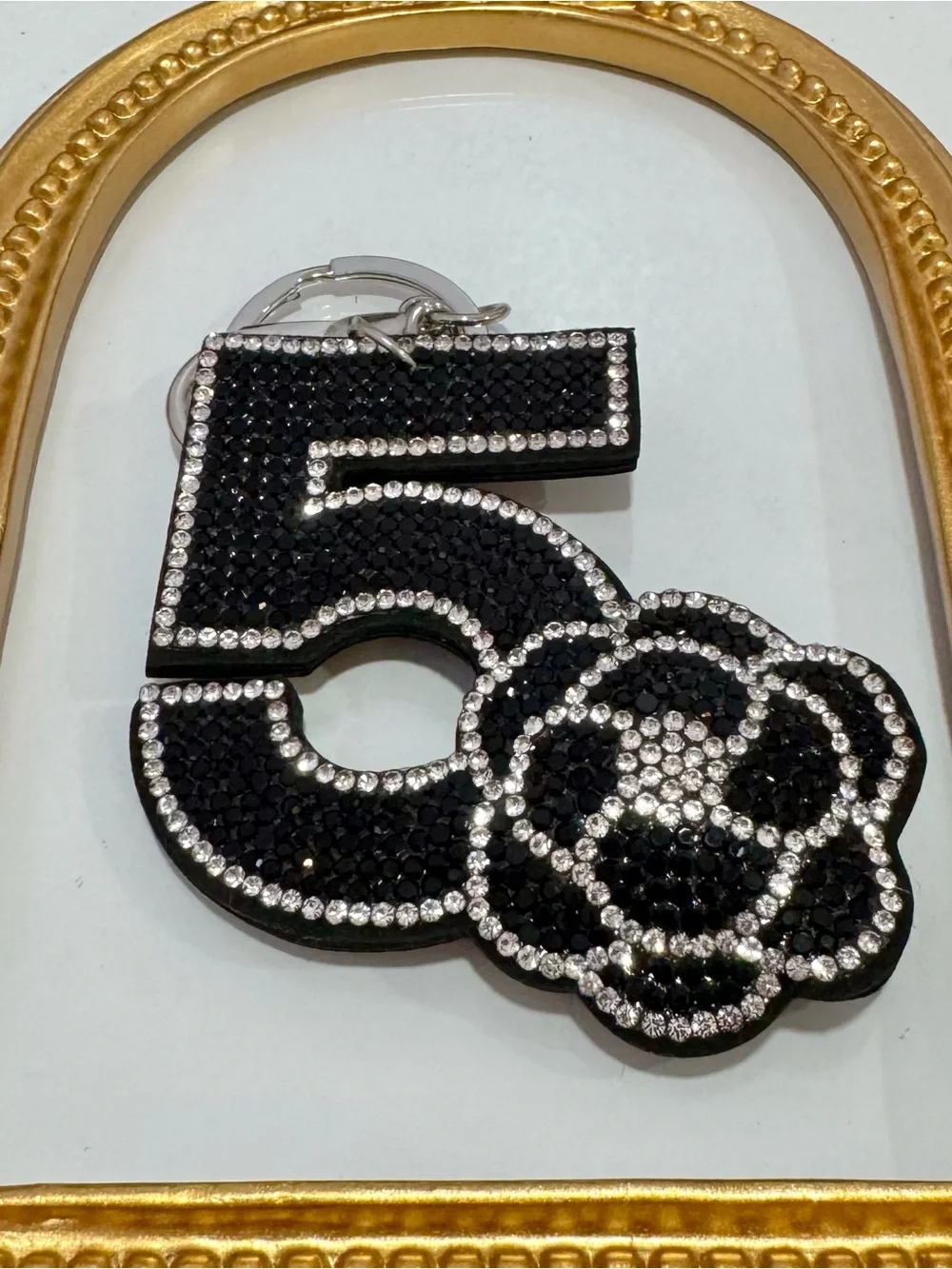 New Rhinestone Number 5 Keychain with Floral Accent - Black